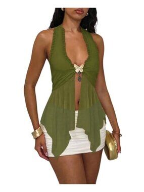 Women's Halter Tank Top, Backless Ruffle Mesh Going Out Shirt
